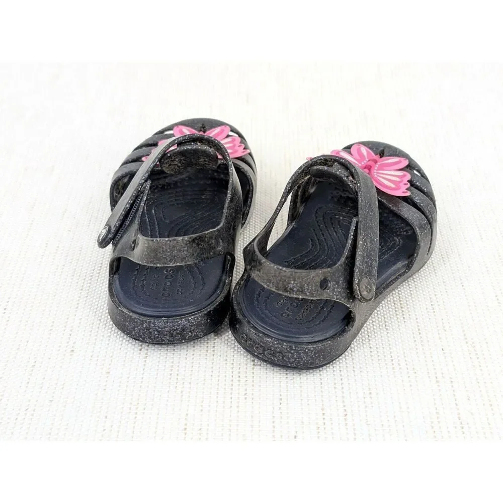 Crocs Sandals Toddler Girl C 6 Black Glitter Pink Butterfly Mary Jane